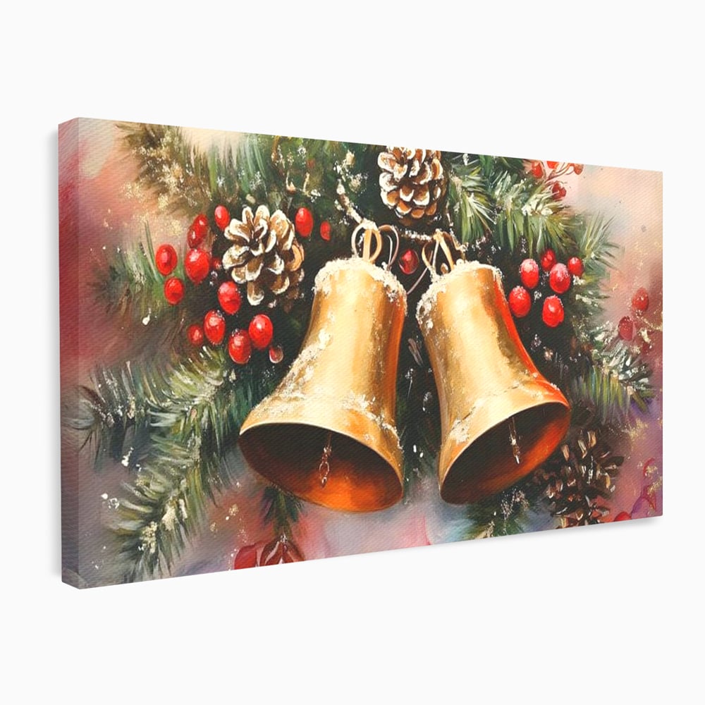 Tablou canvas cu tablou canvas cu clopotei aurii si conuri, fara rama, pe sasiu de lemn